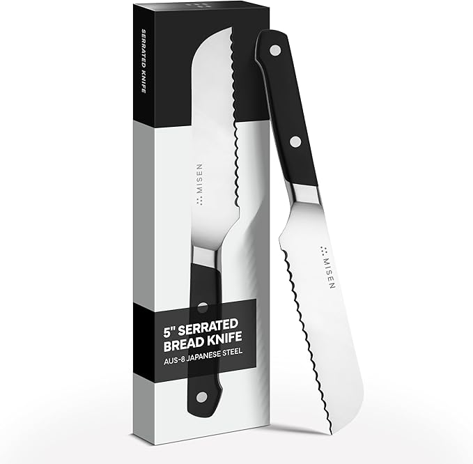 Misen Serrated Bread Knife - High-Carbon Japanese AUS8 Steel - Perfect for Soft Foods, Bread, Pastries, and Fruits - Verstatile Slicer, Razor-Sharp Edge, Durable Blade, Ergonomic Handle - 5", Black