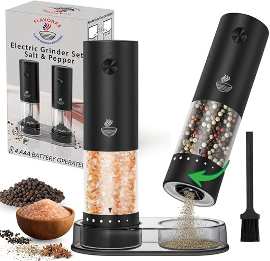 Electric Salt and Pepper Grinder Set - Automatic 3A Battery Pepper Mill Shakers - Upgraded Adjustable Coarseness with Led & Large Capacity - Built-in LED Light - 2 Pack