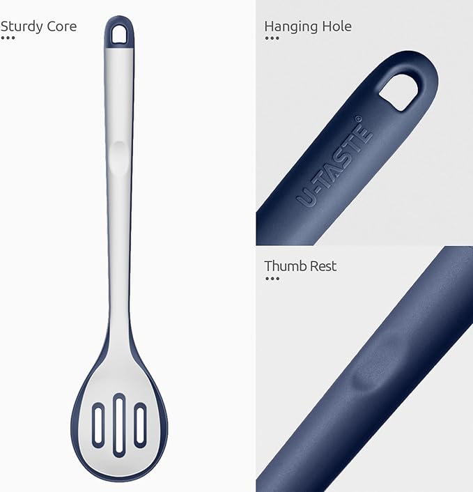 600쨘F Heat Resistant Silicone Spoon: U-Taste 13.3in Solid Kitchen Cooking Spoon, Nonstick Food Grade Large Soup Rubber Utensil for Mixing, Serving, Stirring, Basting, for Pot Cookware (Midnight Blue)
