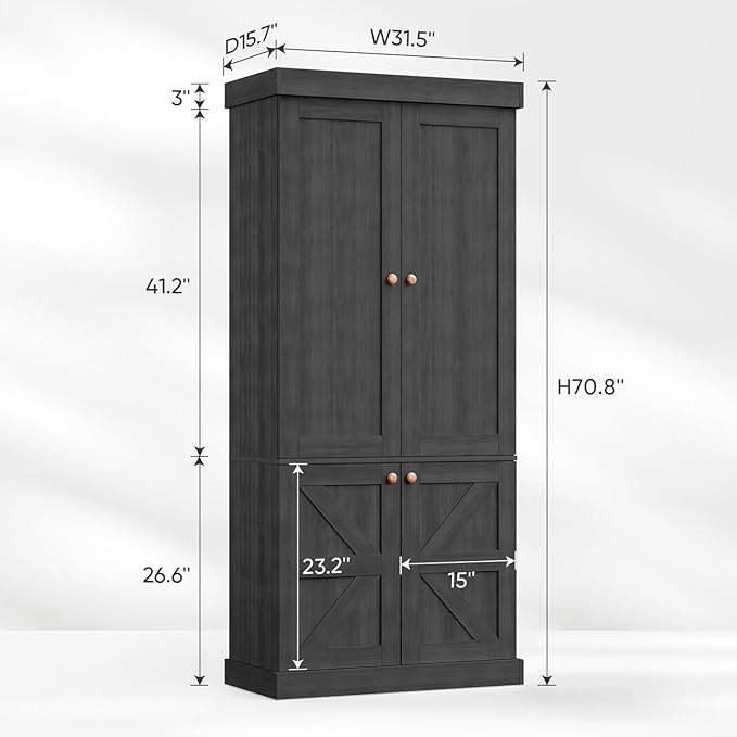 70.8" Tall Farmhouse Bookshelf, Modular Bookcase with Glass Doors, 6-Tier Adjustable Shelves, Large Storage Cabinet for Kitchen, Living Room, Black, Set of 4