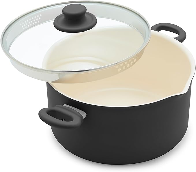 GreenLife 6QT Ceramic Nonstick Stockpot with Glass Straining Lid, PFAS-Free, Dishwasher Safe, Stay-Cool Handles, Oven Safe to 350째F, Wobble-Free Base, Even Heating, Black
