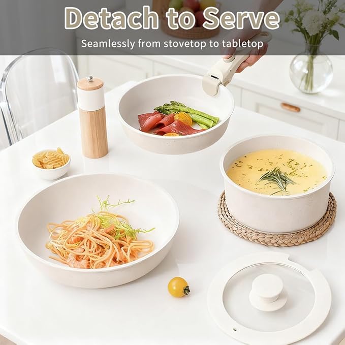 Pots and Pans Set, Non Stick Cookware With Detachable Handle - 7-Piece Stackable Cookware Set Includes 3.35in Milk Pot, 1.97in Frying Pan,3.15in Deep Frying Pan, Easy to Clean, Induction Compatible