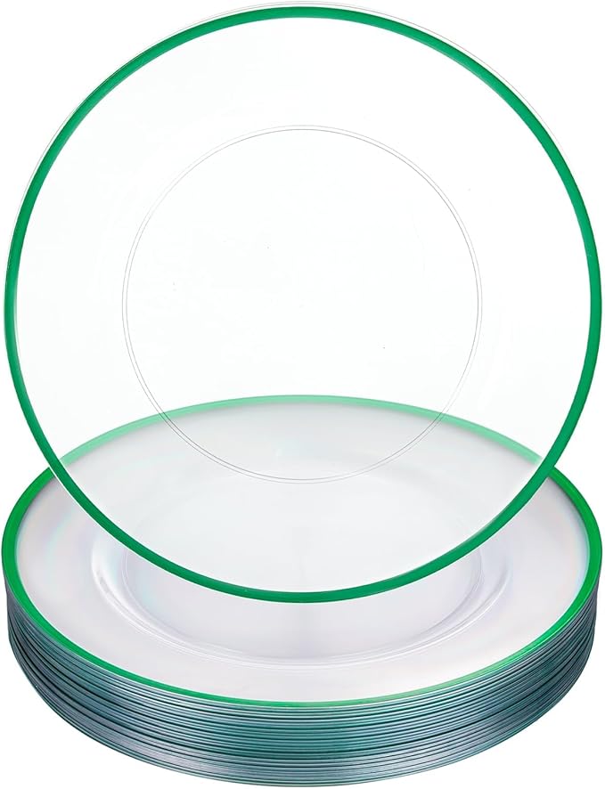 WDF 12 Inch Green Charger Plates - Charger Plates Bulk - 25Pack Plastic Clear and Green Charge Plate Perfect for Dinner/Wedding/Party/St. Patrick's Day