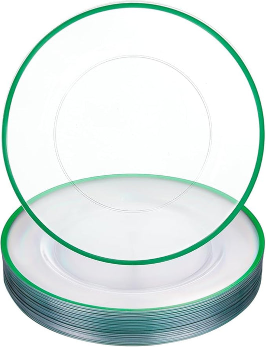 WDF 12 Inch Green Charger Plates - Charger Plates Bulk - 25Pack Plastic Clear and Green Charge Plate Perfect for Dinner/Wedding/Party/St. Patrick's Day