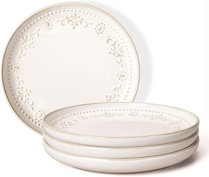 Artena Salad Plates Set Of 4, 8.5 Inch Embossed Appetizer Plates, Ceramic Small Dinner Dessert Plate, With Lipped Edges for Kitchen Microwave Oven Dishwasher Safe (Damask Floral)