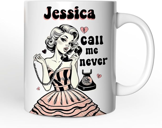OrnamentallyYou Personalized Valentine Mug (Retro Anti-Valentine Pinup Girl Personalized Mug, Call Me Never Funny Gift With Custom Name)