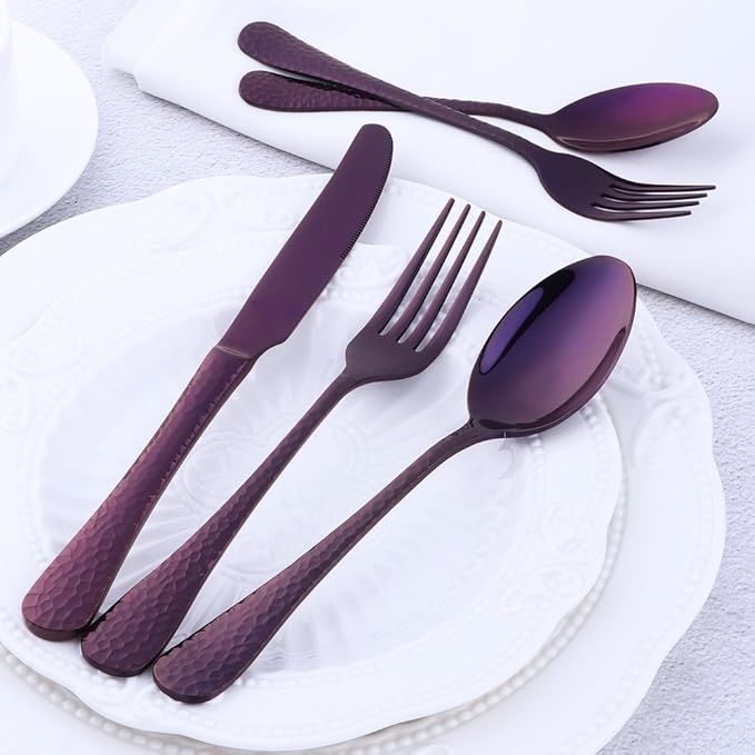 Purple Silverware Set, 20 Piece Premium 18/8 Stainless Steel Hammered Kitchen Utensil Flatware Cutlery Sets of 4, Mirror Polish, Dishwasher Safe