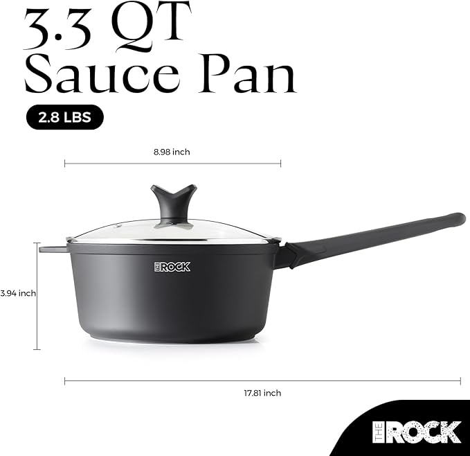 THE ROCK SOHO Nonstick Saucepan with Lid, 3.3 Quarts Small Pot with PPG Quantum2 Coating ??Durable for Urban Kitchens, Nothing Sticks, Never Warps, Lasts Longer, Induction Compatible, PFOA-Free, Black