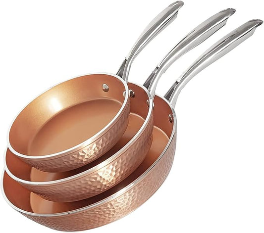 Gotham Steel Hammered Frying Pan Set, 3 Piece Nonstick Copper Fry Pans, 8?? 10??& 12??Skillet, Omelet Pan, Cookware, PFOA Free, Dishwasher Safe, Cool Touch Handle