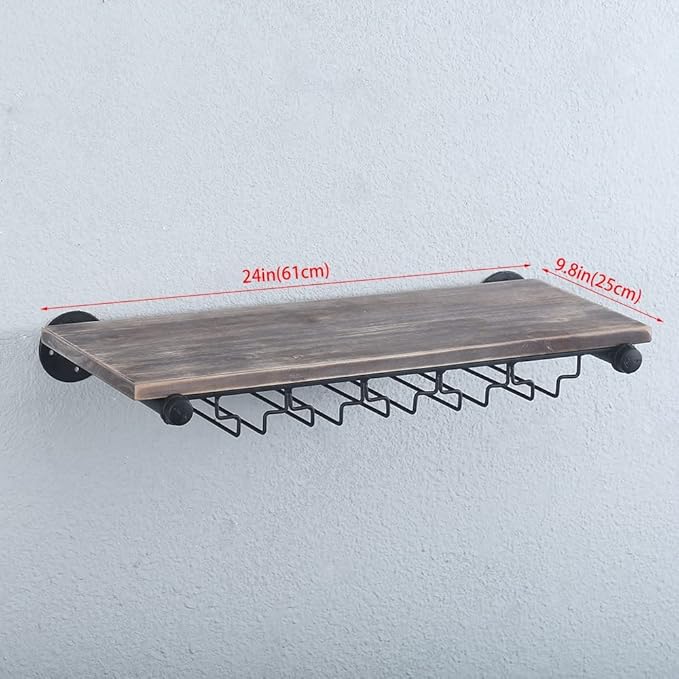 Industrial Wine Rack Wall Mounted with 5 Glass Holder,Wine Glass Rack Floating Wine Glass Shelf,24in Pipe Shelving Hanging Wood Shelves