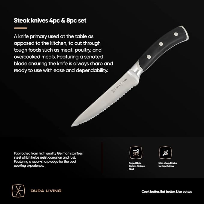 DURA LIVING 4-Piece Serrated Kitchen Steak Knife Set ??Forged High Carbon Stainless Steel, Ultra Sharp, Ergonomic Black Handles, Durable Dinner Knives, Black Handle
