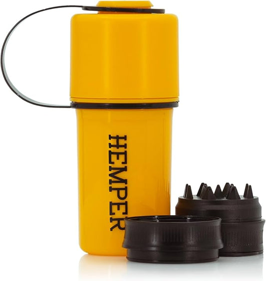 Hemper Keeper 3?멼n?? Herb Grinder with Dual Storage Container - Smell?멠roof, Airtight & Water?멢esistant - Built?멗n Removable Grinder, Dual Compartments for Flower & Ground - (Yellow & Black)