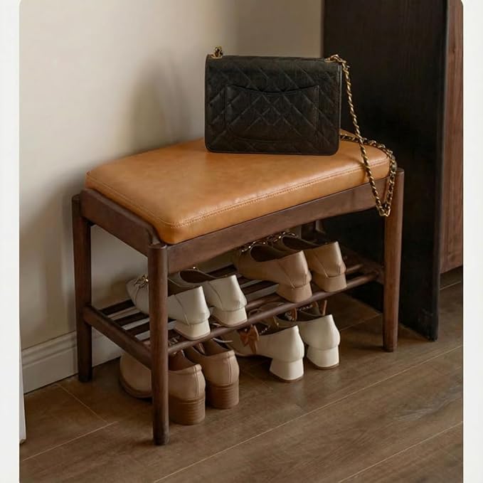 Vadisun Black Walnut Shoe Bench Assembled, Solid Wood Shoe Rack Bench with Silicone Leather Cushion for Entryway, Living Room, Bedroom, Hallway