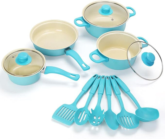 Non-Stick Cookware Set, Portable Lightweight Cast Iron Pots and Pans with Glass Lids and Nylon Utensils - 13 Piece Set Blue for Outdoor Camping Picnic Travel