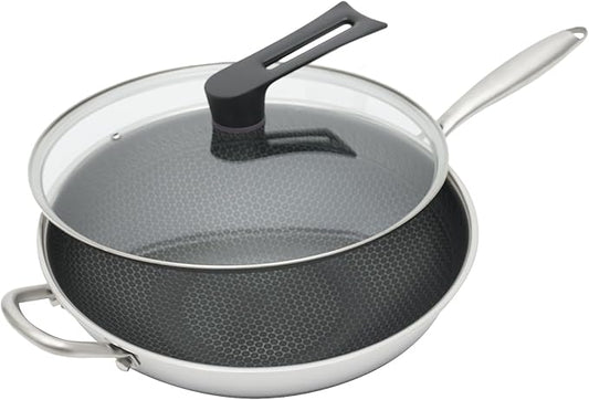 13 Inch Wok Pan with lid, Food-Grade Stainless Steel Woks & Stir-fry Pans Nonstick, Dishwasher and Oven Safe, Cooking Pan Compatible with Gas & Induction Cooker