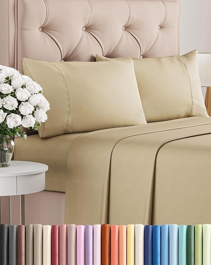 Twin XL 4 Piece Sheet Set - Cooling & Breathable Bed Sheets - Hotel Luxury Bed Sheets for Women, Men, Kids & Teens - Bedding with Deep Pockets & Easy Fit - Soft and Wrinkle Free - Twin XL Beige Sheets