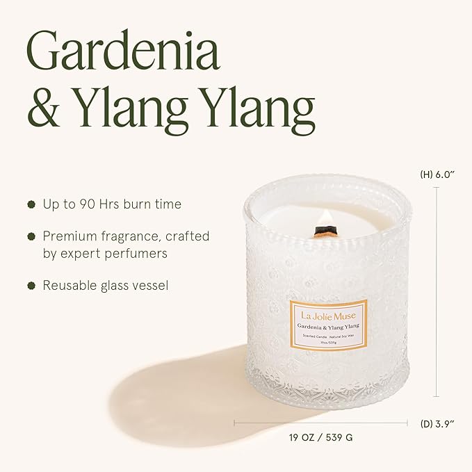 LA JOLIE MUSE Gardenia & Ylang Ylang Scented Candle ??Ylang, Tuberose, Orange Blossom |19 oz Large Wooden Wick Candle | Natural Soy Wax | 90 Hours Clean Burn | Gift-Ready for Hosts