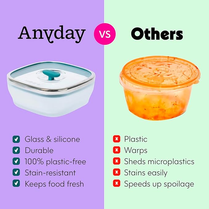 Anyday 10-Cup Square Glass Food Storage with Glass Lid | Plastic-Free Meal Prep & Microwave Cookware | Stackable Airtight Storage Container with Vented Lid for Microwave-Safe Reheating