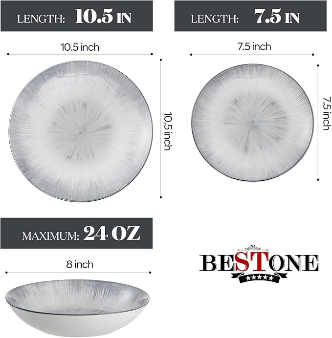 Bestone Porcelain Dinnerware Sets Service for 4, 12 pcs Hand drawn Plates and Bowls Sets, Handmade Ceramic Dish Set, Chip Resistant Modern Plate Set, Dishwasher/Microwave Safe竊똆ray