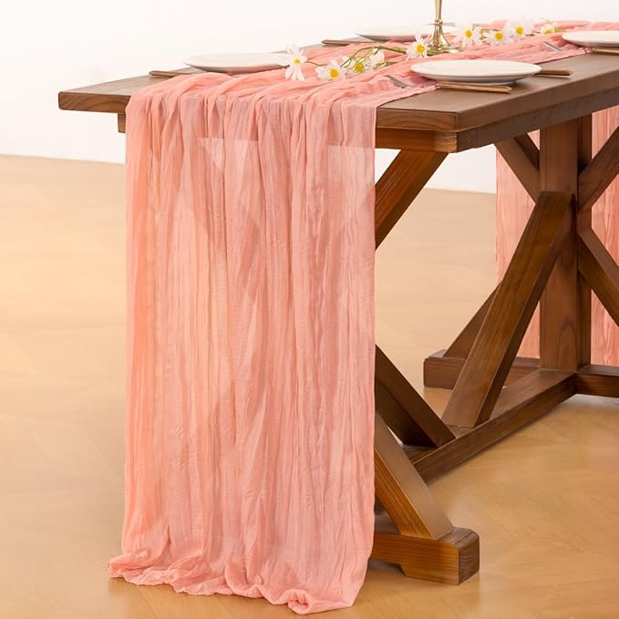 Socomi 3pcs Coral Peach Valentine's Day Cheesecloth Table Runner Boho Rustic Gauze 120 inch 10FT Cheese Cloth Runner for Wedding Party Baby Shower Birthday Home Decor Holiday Decorations