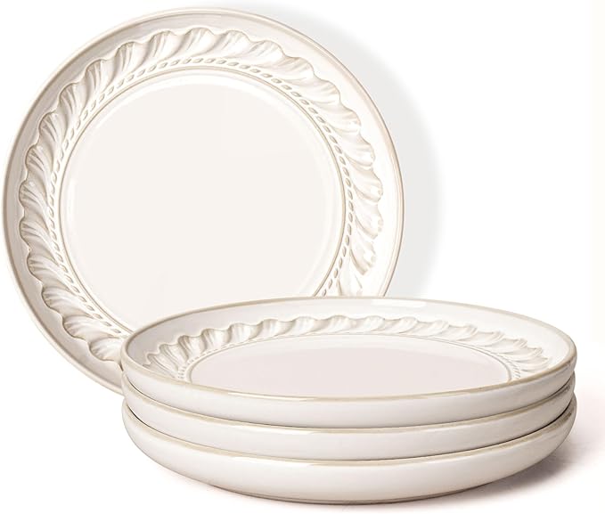 Artena Salad Plates Set Of 4, 8.5 Inch Embossed Ceramic Dinner for Appetizer Dessert, Kitchen Plates With Lipped Edges, Microwave Oven Dishwasher Safe (Willow Leaf)