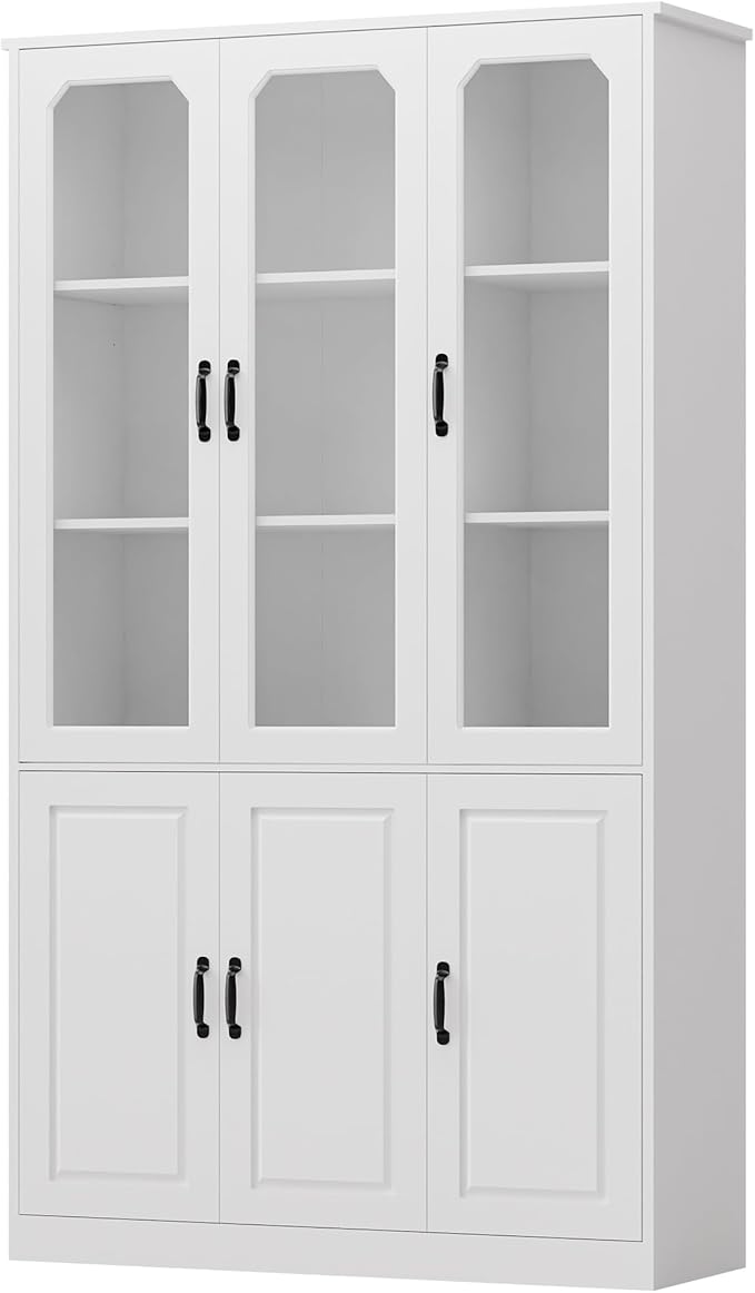 MU 78.7" Tall Kitchen Pantry with 3 Glass Doors, Freestanding China Cabinet with Adjustable Shelves, Large Kitchen Pantry Storage Cabinet Cupboard for Dining Room, Living Room, White (X-Large, 46" W)