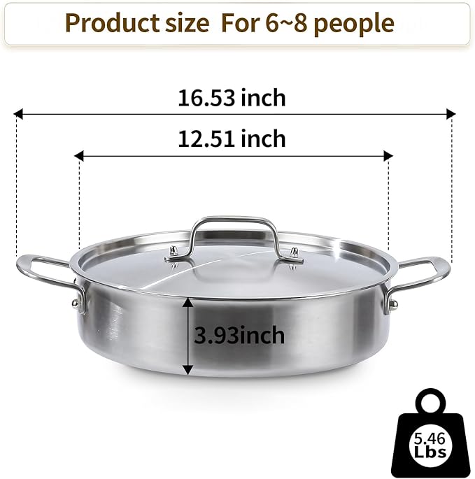DELARLO Tri-Ply Stainless Steel 7 Quart Braiser Pan with Lid Induction Rondeau Pot With Lid 12inch Deep Frying Pan Large Saute Pan Heavy Duty Style Compatible With All Cooktops Up to 650℉