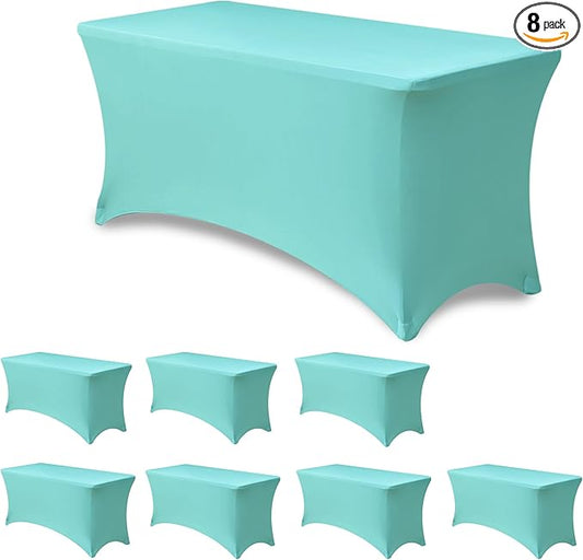 Enjoyidea Stretch Table Cover for 4ft Rectangle Tables-8 Pack Aqua Blue Spandex Table Cloths with elastic-Folding Table for Party, Wedding, Vendor Booth Display, Banquet Buffet Event, Craft Trade Show