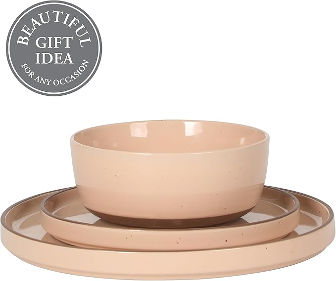 Gibson Elite Northrock Stoneware Dinnerware Set, 12-Piece Service for 4 Plates and Bowls Set ??Pink Dishes with Hand-Painted Terracotta Base
