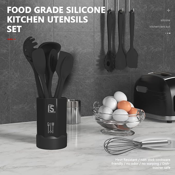 AOTHOD Silicone Cooking Utensils Set - 446째F Heat Resistant Kitchen Utensils,Turner Tongs,Spatula,Spoon,Brush,Whisk,Kitchen Utensil Gadgets Tools Set for Nonstick Cookware,Dishwasher Safe (BPA Free)