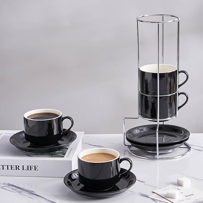 8oz Porcelain Cappuccino Cups with Saucers and Metal Stand, Stackable Coffee Cups for Specialty Coffee Drinks, Cappuccino, Latte, Espresso, Americano and Tea - Cups Set of 4, Black