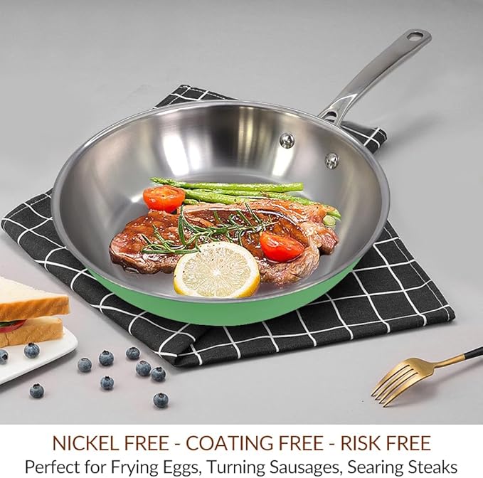 HOMICHEF 9.5 Inch Mint Green Nickel Free Stainless Steel Fry Pan - Non Toxic No Coating Flat Bottom Induction Skillet - Family Size Healthy Cooking Pan