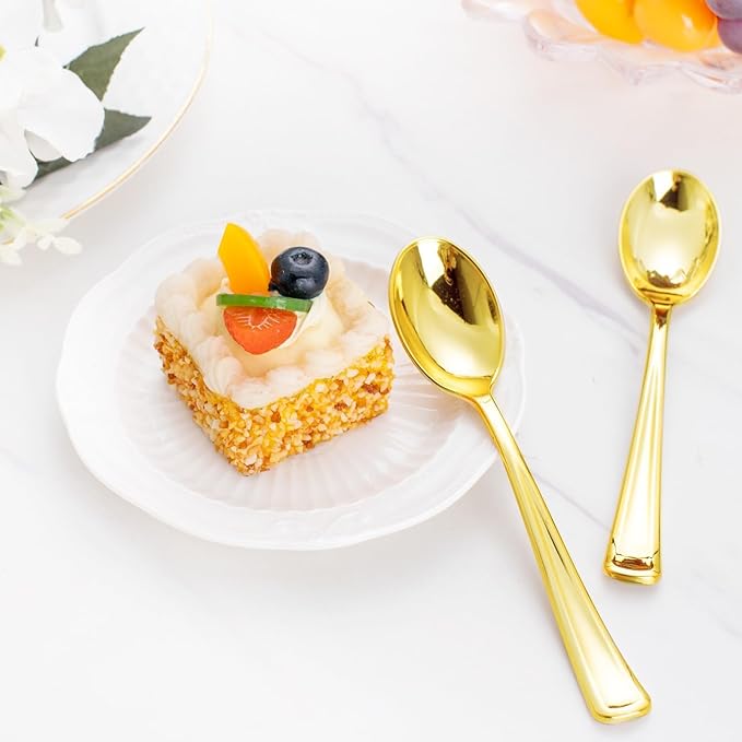 WDF 100 Pack Gold Plastic Spoons Disposable - Durable Heavy Duty 6.9 Inch Gold Spoons, Heat Resistant Modern Disposable Spoons Perfect for Parties, Wedding, Banquets, Valentine's Day
