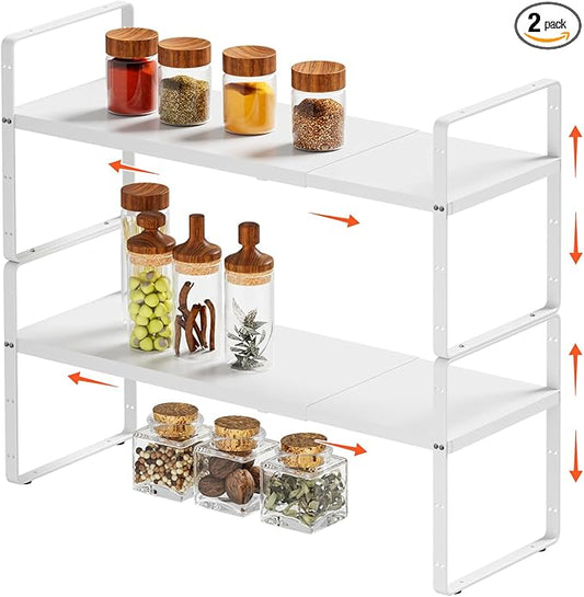 2Pack 16.5-27?쇺셂 Expandable Cabinet Countertop Shelf Organizer, Stackable Metal Shelves, Kitchen Organizers and Storage, White Storage Spice Rack for Pantry and Cupboard