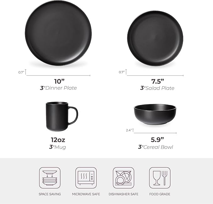 Furrnook 12-Piece Stoneware Dinnerware Set with Mugs | Microwave and Dishwasher Friendly | Stackable Matte Glaze Plates & Bowls | Service for 3 (Black for 3)