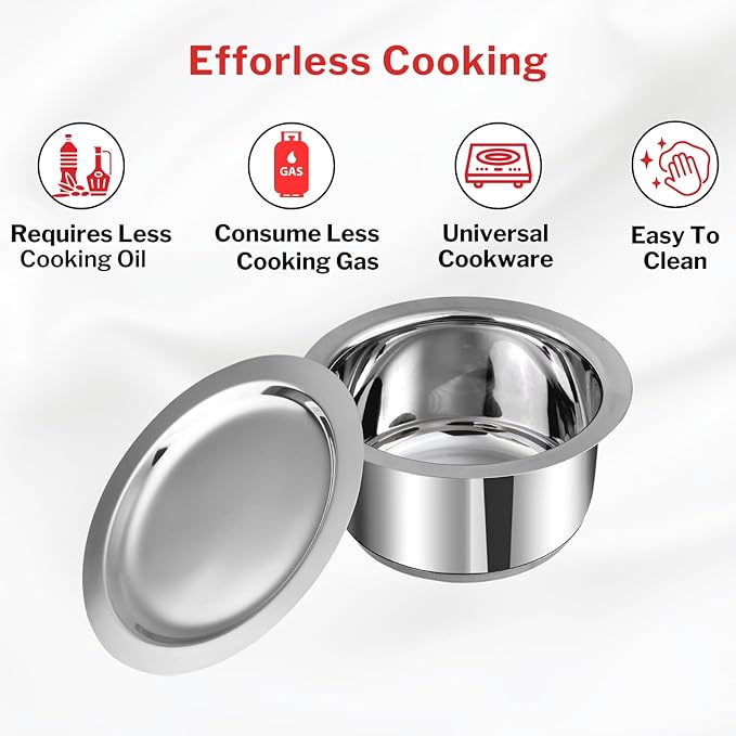 Vinod Stainless Steel 3 pc Pot Set with Capacity of 1.4 litres, 1.8 litres & 2.2 litres with Stainless Steel Lids (Gas Stove and Induction Friendly) - Silver,