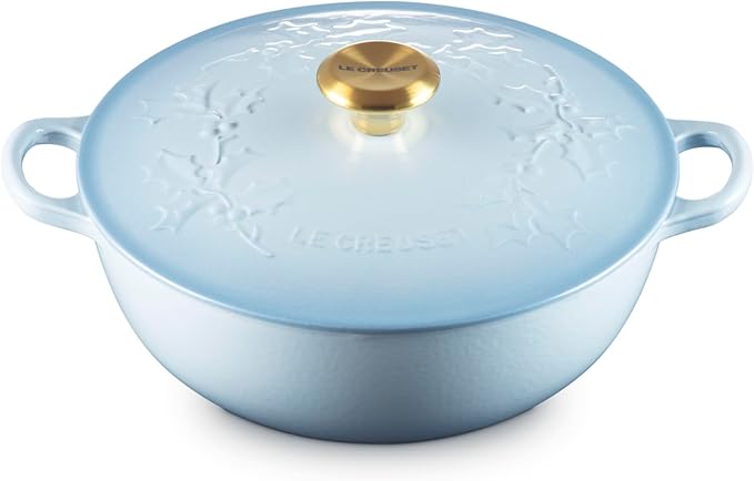 Le Creuset Enameled Cast Iron Holly Collection Traditional Chef's Oven, 4.5 qt., Coastal Blue with Gold Knob