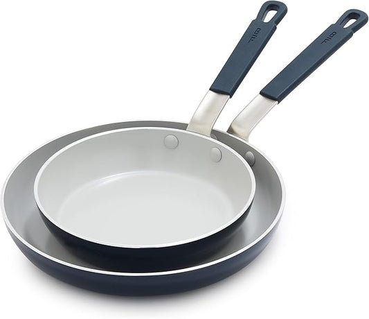 GreenPan x Bobby Flay 2 Piece- 8??and 10??Nonstick Frying Pan Skillet Set, PFAS-Free Diamond Ceramic, Induction Suitable, Stay-Cool Silicone Handle, Easy Clean Dishwasher & Oven Safe, Oxford Blue