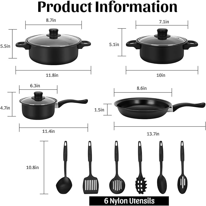 Non-Stick Cookware Set, 13 Piece Set Portable Lightweight Cast Iron Pots and Pans with Glass Lids and Nylon Utensils for Outdoor Camping Picnic Travel Cookware