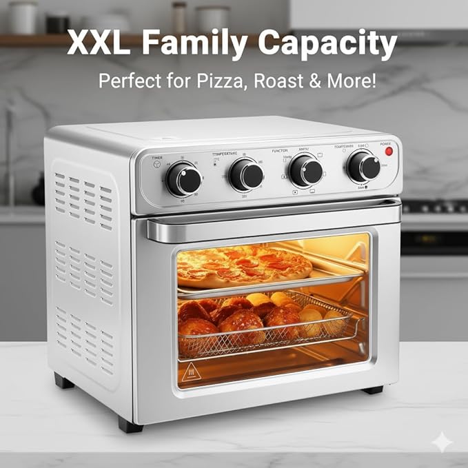HealSmart 4-in-1 Air Fryer Toaster Oven Combo, 26QT Large Countertop Convection Oven with Bake, Broil, Roast & Dehydrate, Includes 12" Pizza Pan & Fry Basket, Stainless Steel, Energy-Efficient
