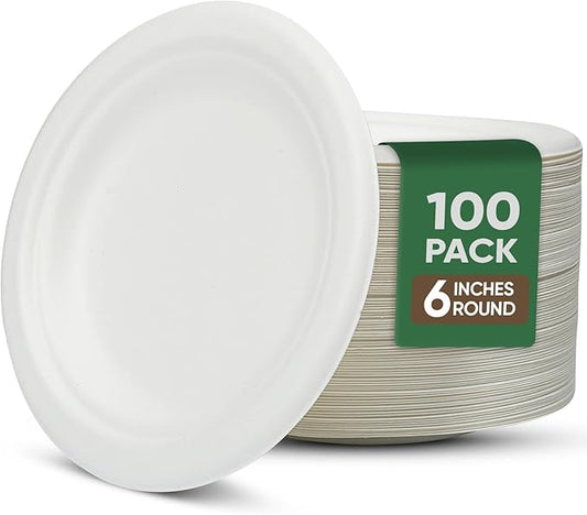 Dessert Plates, 100 Pack Small Paper Plates, Paper Plates 6 Inch ??100% Compostable Plates, Water & Oil Proof Disposable Plates, Microwavable Perfect Paper Plate For Party - White