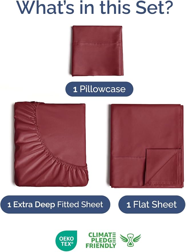 Extra Deep Pocket Twin XL Sheets - 3 Piece Breathable & Cooling Bed Sheets - Hotel Luxury Bed Sheet Set - Soft, Wrinkle Free & Comfy - Easily Fits Extra Deep Mattresses - Deep Pocket Burgundy Sheets