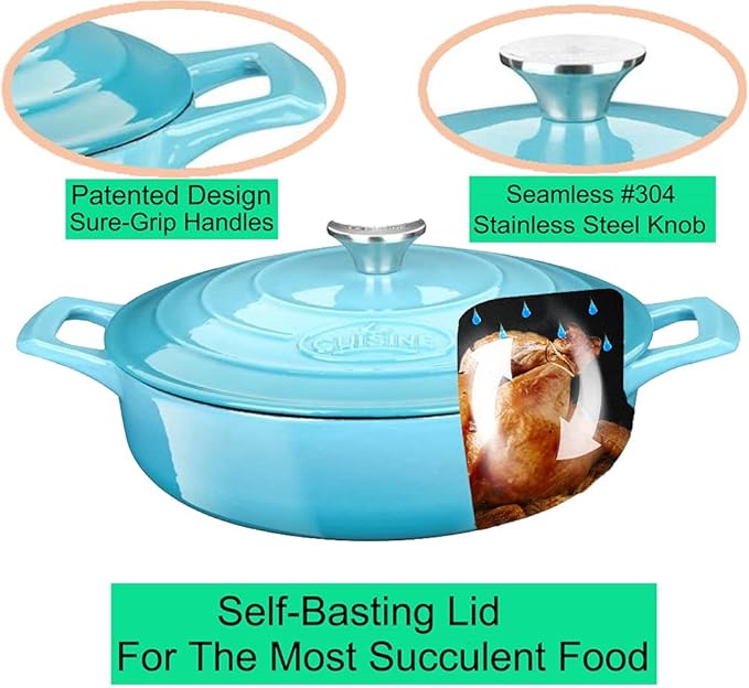La Cuisine Enameled Cast Iron Covered Braiser, Saute Pan Casserole Pan with Lid, 3.75 QT 11" / 28cm Dia, Internal Matte Black Enamel Coating ??2 Ton Teal Enamel Coating Finish Exterior, Oven Safe up to 500째 F