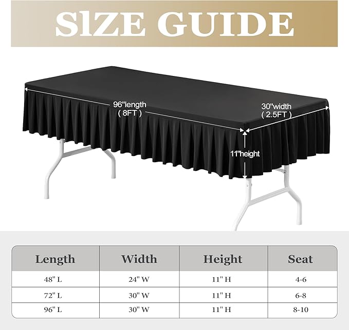 Wish Care Black Spandex Table Clothes for 8 Foot Rectangle Tables Wrinkle Free Stretch Fitted Tablecloths 8ft Pleated Ruffle Elastic Table Cover Skirt for Banquet Dining Outdoor Home Party Tablecloth