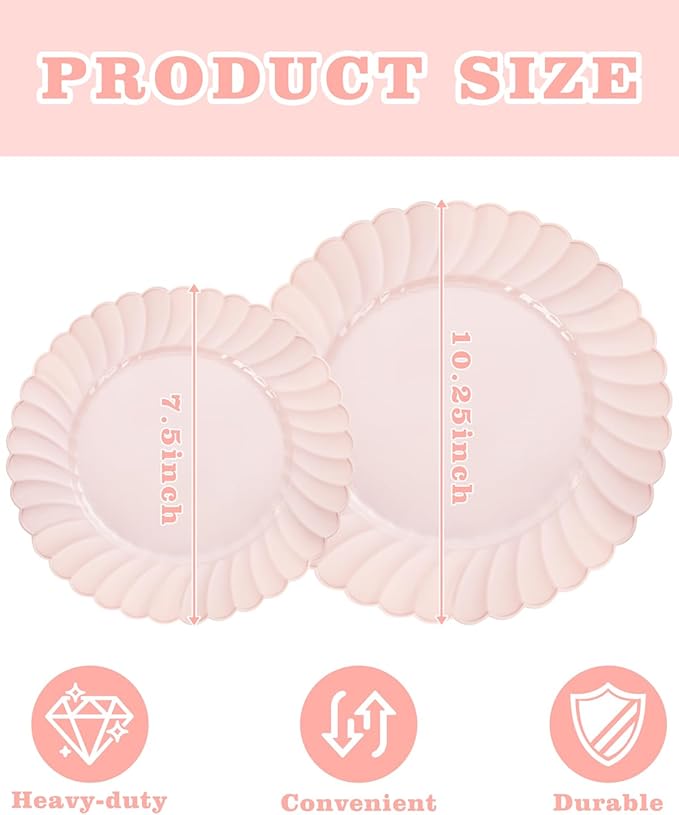 YOUBET 100PCS Pink Scalloped Plastic Plates - Heavy Duty Pink Disposable Fancy Hard Plates Include 50 Dinner Plate, 50 Dessert Plate, for Wedding & Party Valentines Day