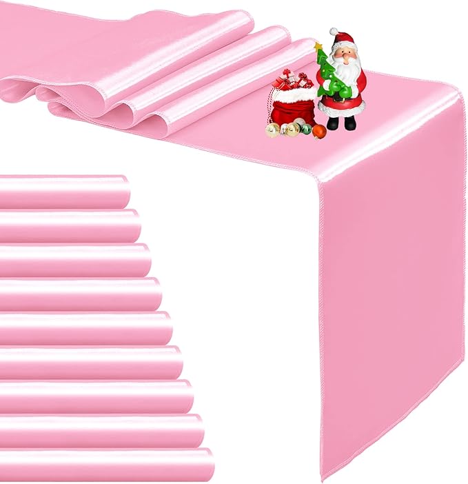 10-Pack Pink Satin Table Runner 12 x 108 Inch Long Bright and Smooth Silk Fabric Table Runner for Wedding Banquet Birthday Party Decoration