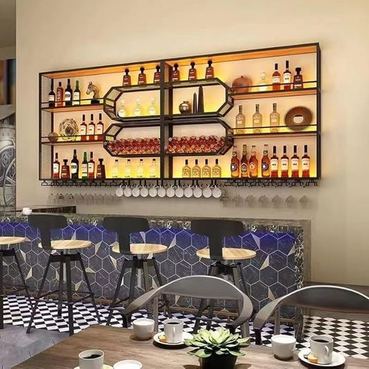 94 Inch 4-Tier Wine Rack Wall-Mounted & Large Bar Shelf for Liquor Bottles, Black Metal Storage for Wine and Liquor Bottles in Home Bars or Dining Rooms (No Lighting)