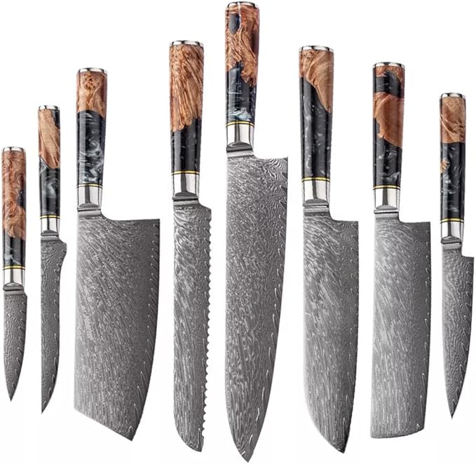 Epicurean Cook 8-Piece Damascus Knife Set with Japanese VG10 Steel Core - Ultra Sharp Kitchen Knives with 67 Layers of Damascus Steel - Burl Wood Black Resin Handles