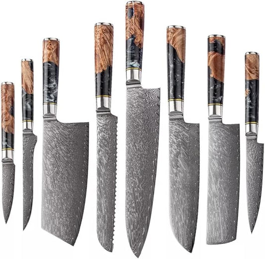 Epicurean Cook 8-Piece Damascus Knife Set with Japanese VG10 Steel Core - Ultra Sharp Kitchen Knives with 67 Layers of Damascus Steel - Burl Wood Black Resin Handles