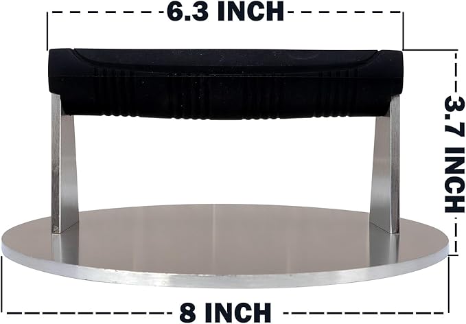 Stainless Steel Burger Smasher 3.25 LB ??8 Inch Steak Weight for Smash Burgers, Bacon, Sandwiches | Dishwasher Safe, Preheatable Protein Press with Silicone Handle | Commercial BBQ Tool